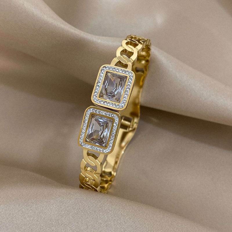 EMESA HOME Luxury Stainless Steel Cuff Bracelet for Women – Rhinestone Gold/Silver Plated Vintage Wide Bangle, Hypoallergenic Stackable Gift 26B-002