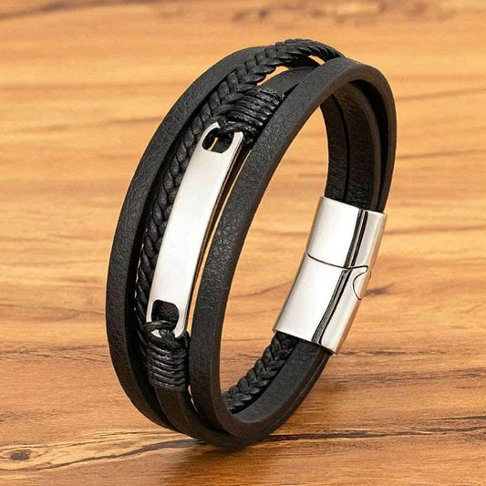 EMESA HOME Multi-Layer Braided Leather Wrap Bracelet for Men, Trendy Stainless Steel Buckle, Casual Jewelry Accessories, Gift for Him Steel