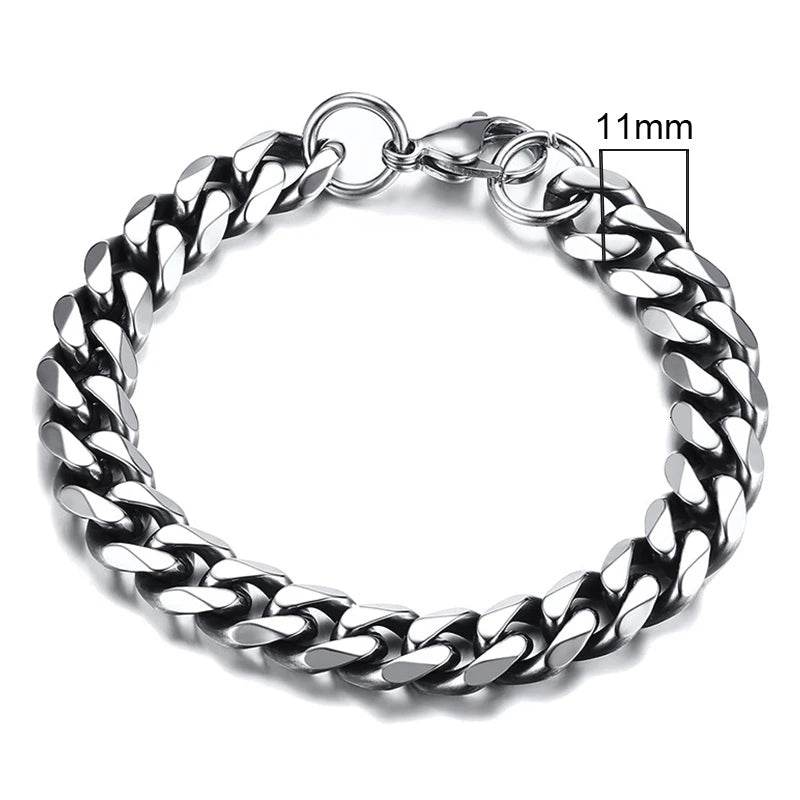 EMESA HOME 3-11mm Chunky Miami Curb Chain Bracelet – Stainless Steel Cuban Link, Classic Punk Heavy Jewelry for Men 11mm Vintage Silver