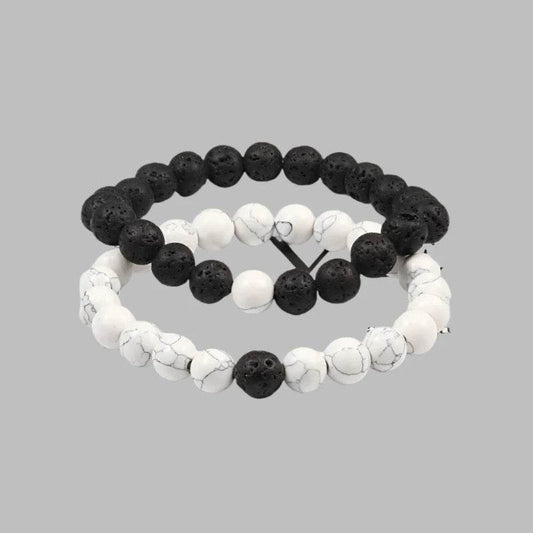 EMESA HOME Couples Lava Stone & Tiger Eye Beaded Bracelets, Elastic Rope Jewelry Set for Men & Women, Black & White Yoga Bracelets.