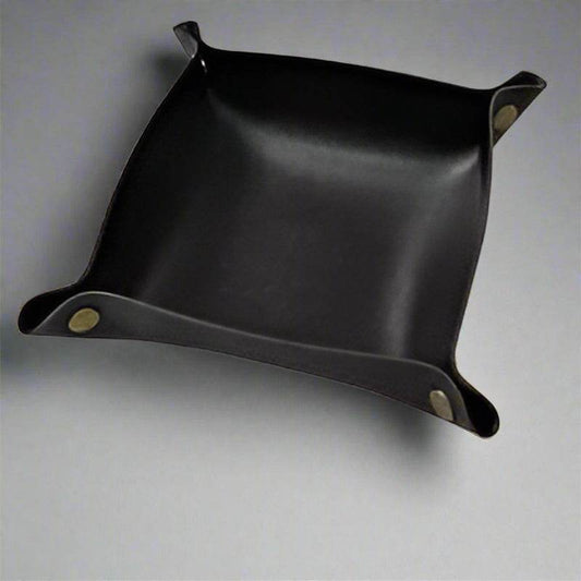 EMESA HOME Leather Storage Tray - Folding Dice Box, Coin Tray, Desktop Jewelry Box, Makeup Organizer, and Key Storage Case Black Small