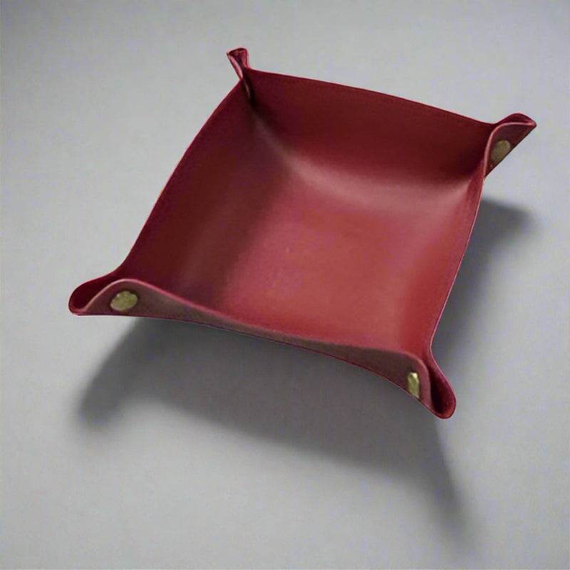EMESA HOME Leather Storage Tray - Folding Dice Box, Coin Tray, Desktop Jewelry Box, Makeup Organizer, and Key Storage Case Red