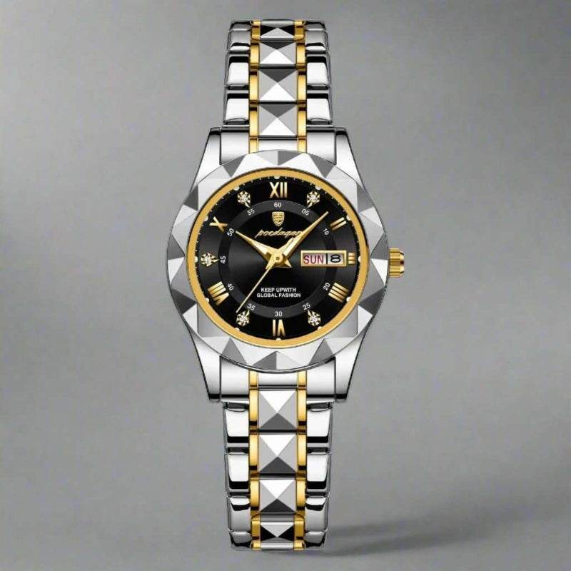 EMESA HOME Luxury Ladies Dress Watch - Luminous Waterproof Week Date Stainless Steel Quartz Wristwatch Gold Black