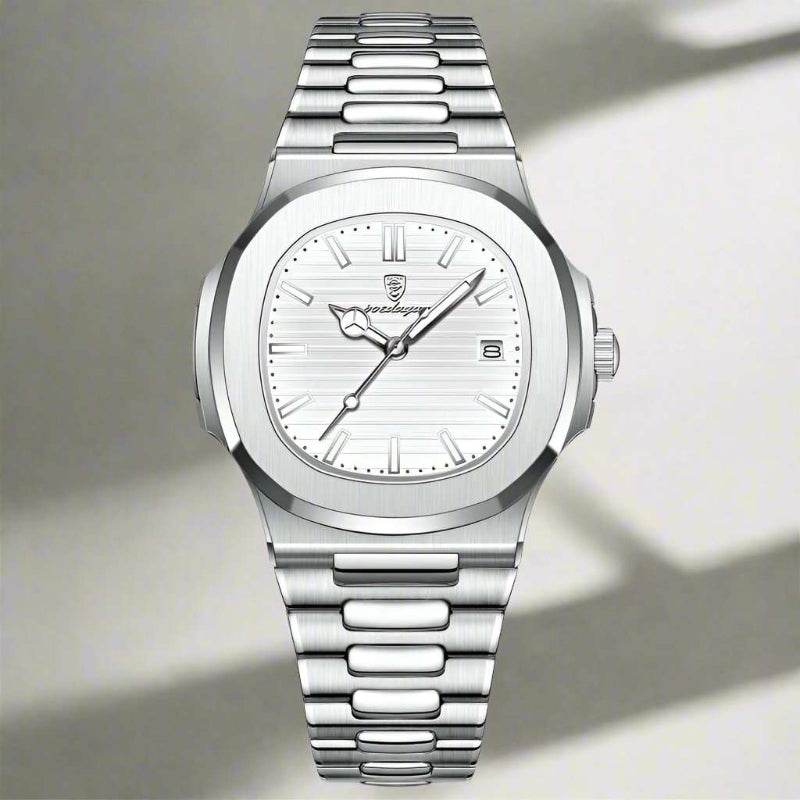 EMESA HOME Luxury Waterproof Luminous Date Leather Men's Sports Watch - Square Casual Quartz Male Wristwatch Silver White S