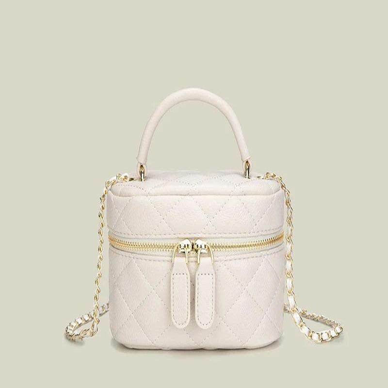 EMESA HOME Mini Quilted Chain Crossbody Bag – Diamond Checkered Design, High-Quality PU, Women's Small Designer Handbag SD1304-ricewhite