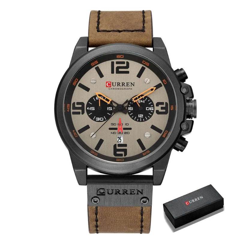 EMESA HOME Men's Luxury Waterproof Sport Chronograph Watch, Quartz Military Style with Genuine Leather Strap black grey-box