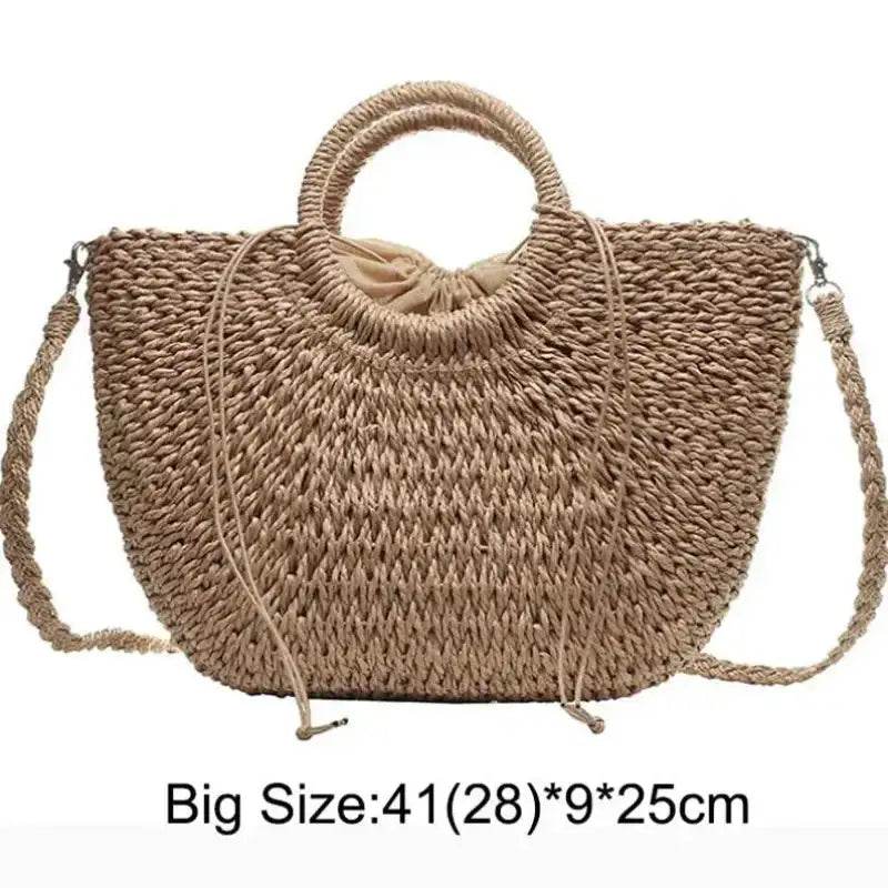 EMESA HOME Handmade Straw Bag – Women’s Woven Beach Tote, Moon-Shaped Top Handle Handbag, Summer Holiday Shoulder Bag Khaki addstrap L as picture