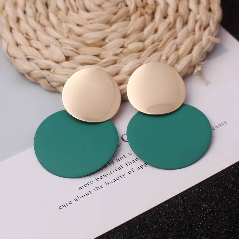 EMESA HOME Double Round Wafer Drop Earrings, Colorful Geometric Metal Brincos for Women, European American Party Statement Jewelry Green