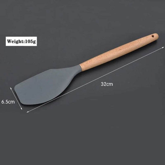 EMESA HOME Silicone Kitchen Utensils Set – Non-Stick Spatula, Spoon & Brush with Wooden Multifunction Handle Scraper