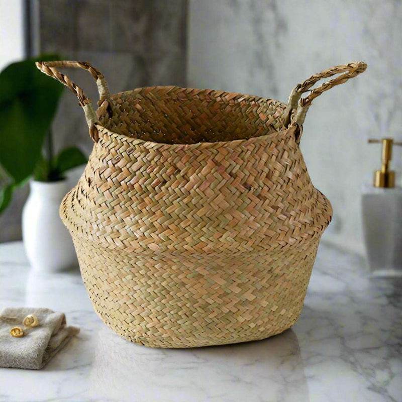 EMESA HOME Sea grass Wicker Storage Basket - Folding Organizer, Plant Pot, Laundry Basket, Home & Garden Belly Member Basket 22X23X27cm