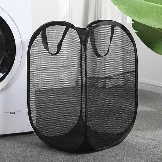 EMESA HOME Folding Mesh Laundry Basket with Handles – Breathable Clothes, Toy, and Sundries Storage Hamper for Home Use Square-black