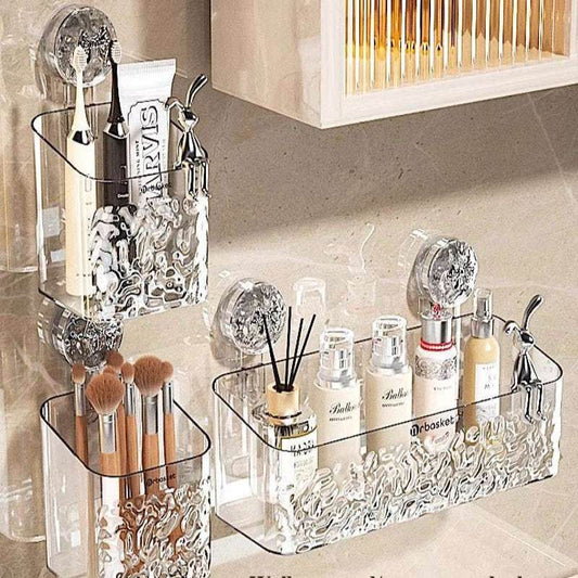 EMESA HOME Wall-Mounted Water Ripple Bathroom Storage Rack, No-Drill Suction Cup Basket