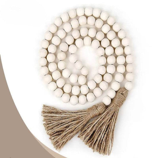 EMESA HOME Farmhouse Wood Bead Garland with Tassels – 58in Rustic Boho Prayer Beads, Country Wall Hanging Home Decor white 14mm