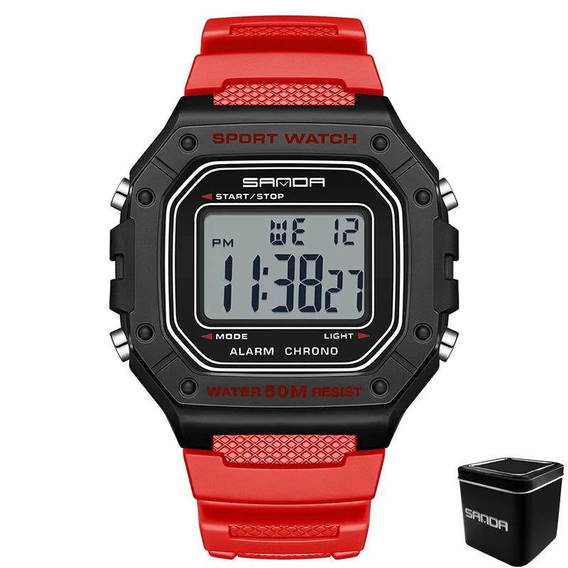 Digital sports watch with red strap and black casing on a white background
