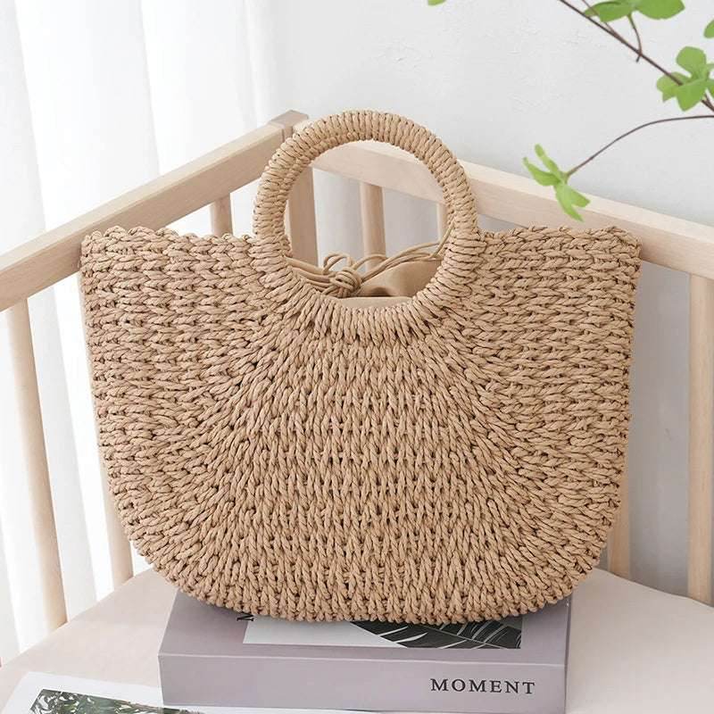 EMESA HOME Summer Half-Moon Straw Bag – Handmade Woven Beach Tote, Large Capacity Top-Handle Purse, Casual Bohemian Handbag Basket for Women khaki big
