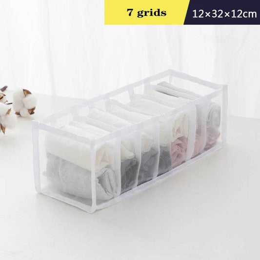 EMESA HOME Organizer for Panties, Socks, Bras, and Jeans - Foldable Wardrobe Storage Divider Box for Underwear and Clothes White-7 grids
