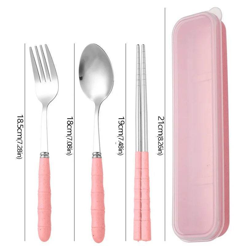 EMESA HOME-3pcs/set Stainless Steel Tableware Set - Chopsticks, Fork, Spoon, Travel Flatware with Box Nordic Pink