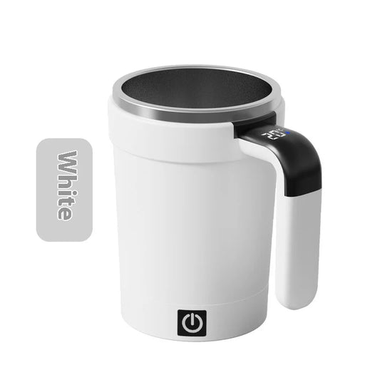 White electric mug with black handle and power button on a white background