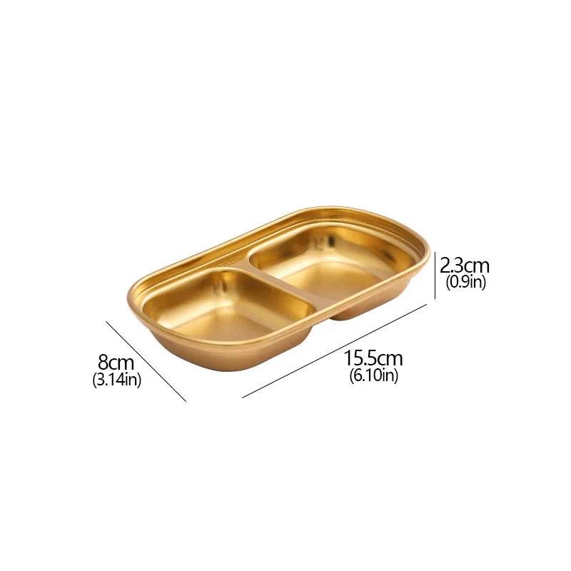 EMESA HOME 1-4 Grids Seasoning Plate Dipping Dish Stainless Steel Hot Pot Seasoning Dish Square Barbecue Snack Plate Kitchen Condiment Tray 2grid-golden
