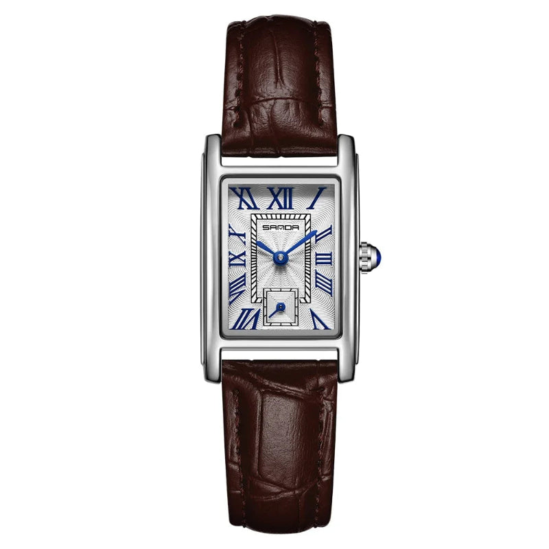 Watch with brown leather strap and silver case on a white background, featuring the brand 'SANDA'.