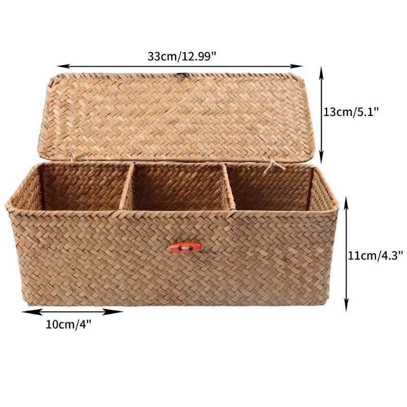 EMESA HOME Hand-Woven Storage Basket with Lid – 3-Grid Rectangular Wardrobe Organizer for Clothes & Sundries With cover