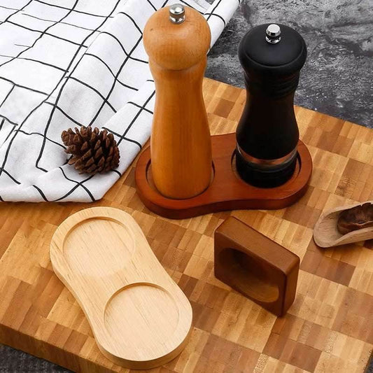 EMESA HOME Wood Pepper Mill Tray Bamboo Salt & Pepper Shaker Stand Double Hole Base Seasoning Bottle Storage Holder Tea Tray Home Decor