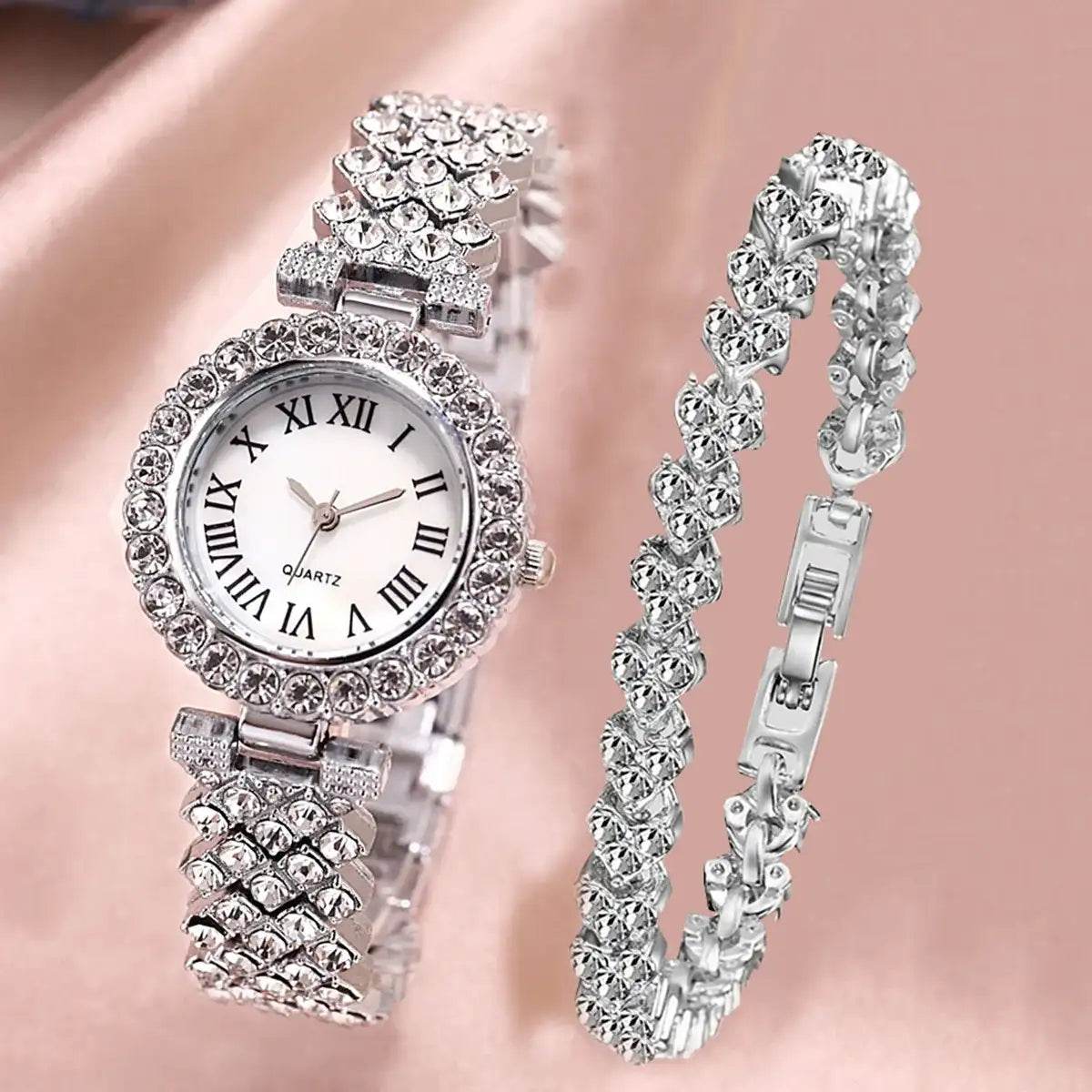 EMESA HOME 2PCS Women's Fashion Watch Set, Rhinestone Roma Dial Quartz Watches with Stainless Steel Band & Bracelet Silver