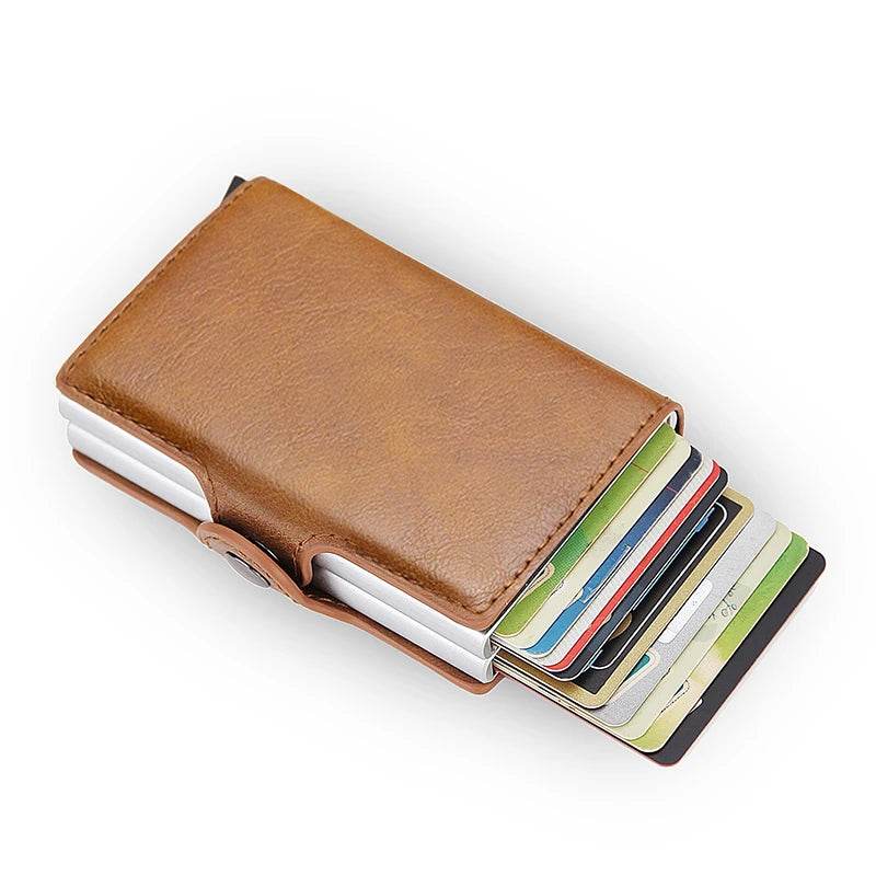 EMESA HOME RFID Blocking Men Wallet Credit Card Holder Leather Card Wallet Double Metal Box ID Card Holder Money Clip Purse Brown