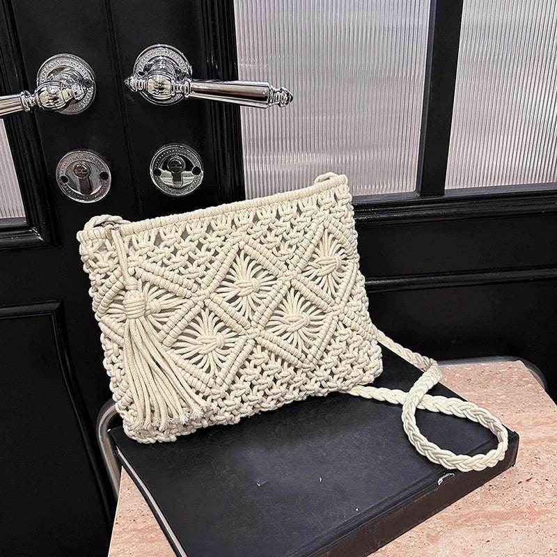 EMESA HOME Woven Hollow Out Shoulder Bag – Women’s Summer Tassel Crossbody Beach Travel Handbag & Messenger Purse white