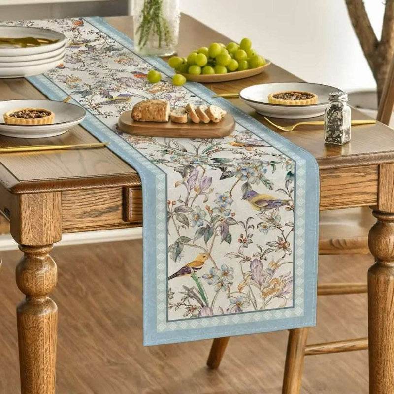 EMESA HOME Blue Birds & Flowers Linen Table Runner - Durable Wedding, Kitchen, and Dining Table Decoration for Parties