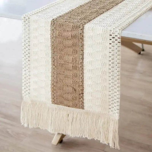 EMESA HOME Burlap Boho Table Runner – Rustic Woven Cotton with Crochet Lace, Modern Farmhouse Style Tabletop light yellow