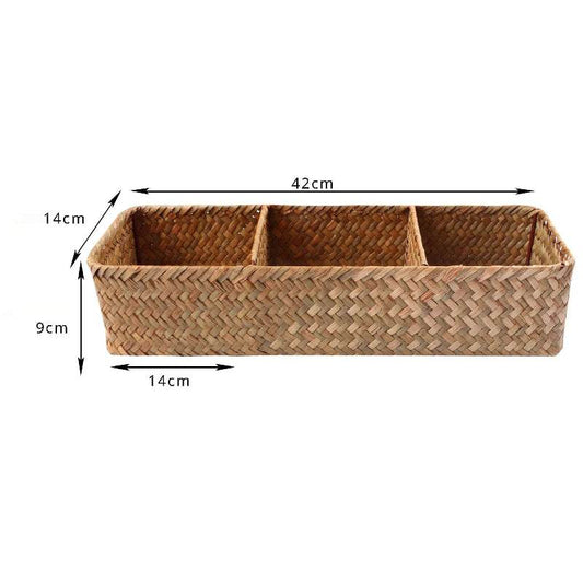 EMESA HOME Hand-Woven Storage Basket with Lid – 3-Grid Rectangular Wardrobe Organizer for Clothes & Sundries No cover