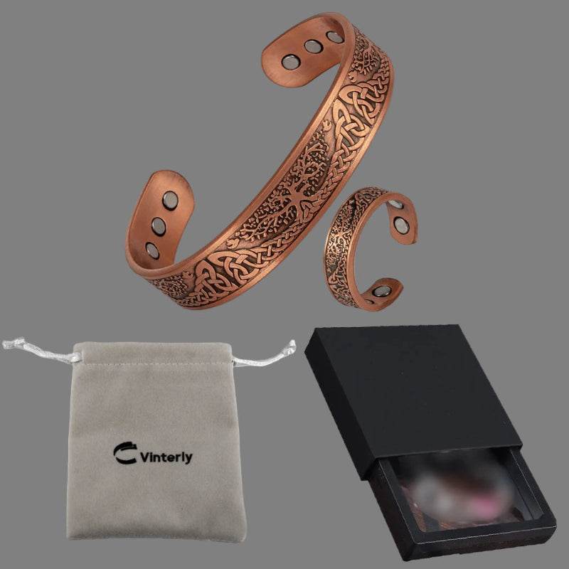 EMESA HOME Magnetic Copper Yggdrasil Jewelry Set Adjustable Vintage Bracelet and Ring Viking Jewelry for Unisex copper set bag box