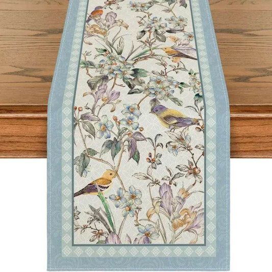 EMESA HOME Blue Birds & Flowers Linen Table Runner - Durable Wedding, Kitchen, and Dining Table Decoration for Parties 200x33cm 78.7x13inch