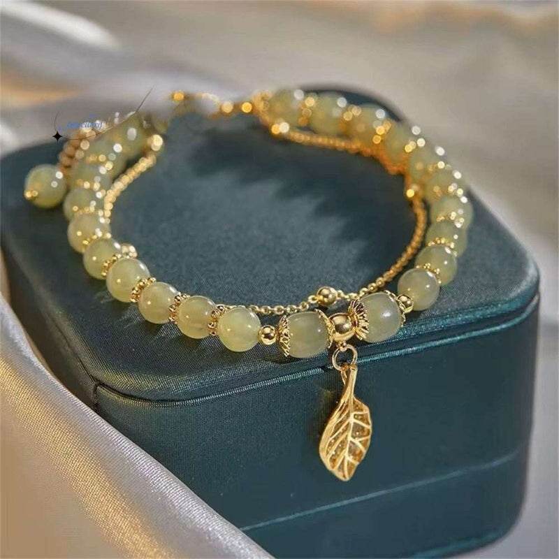 EMESA HOME Hetian Jasper Golden Branch Jade Leaves Bracelet, Young Girls Fashion Jewelry, Holiday Gift