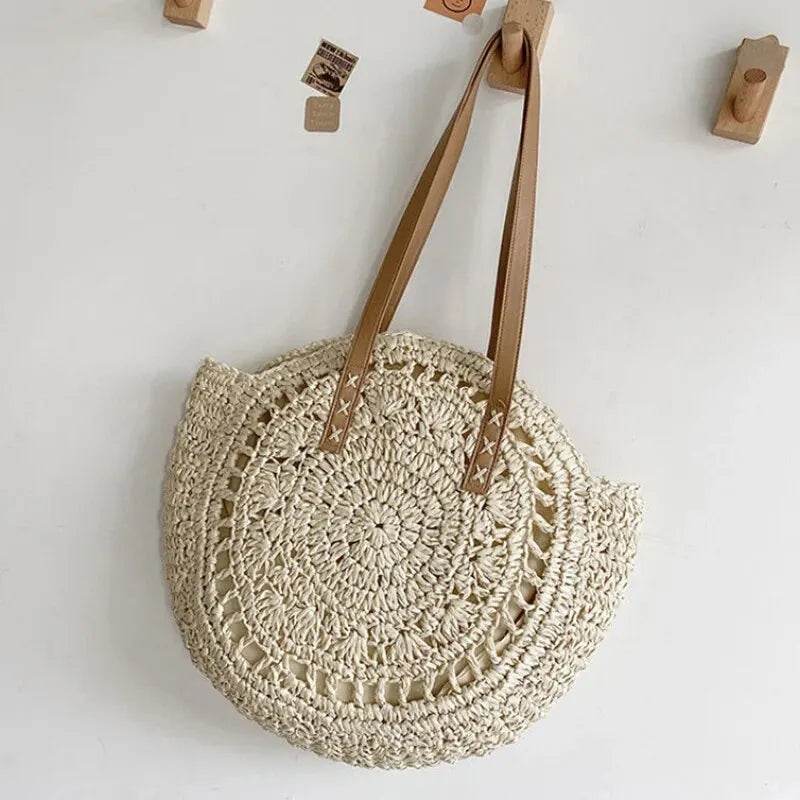 EMESA HOME Summer Round Straw Women Vacation Woven Beach Shoulder Bag Large Capacity Hollow Out Simple Tote Bag hollowbeige