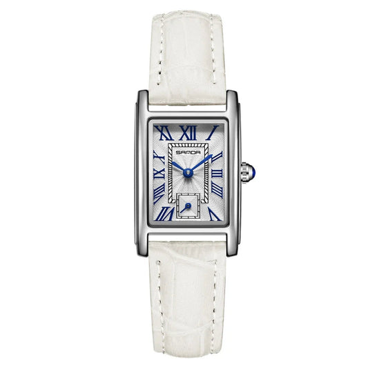 White wristwatch with silver case and blue Roman numerals on a white background, featuring the brand 'SANDA'.