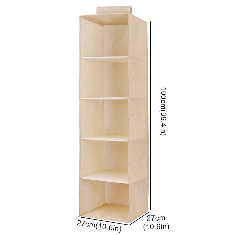 EMESA HOME Cotton Linen Hanging Storage Bag - Collapsible Drawer-Style Wardrobe Organizer for Clothes Beige 5-layer
