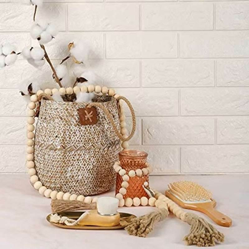 EMESA HOME Farmhouse Wood Bead Garland with Tassels – 58in Rustic Boho Prayer Beads, Country Wall Hanging Home Decor