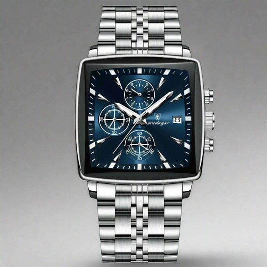 EMESA HOME Luxury Square Sport Man Wristwatch Waterproof Luminous Chronograph Quartz Men's Watches Stainless Steel Silver Blue