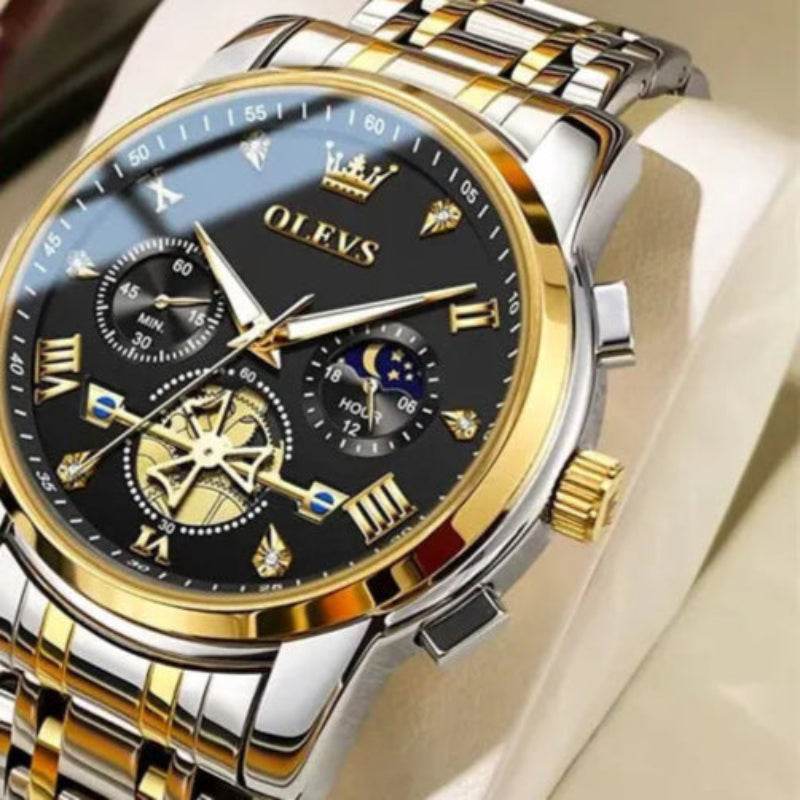 EMESA HOME Men's Luxury Quartz Watch – 24H Moon Phase, Chronograph, Waterproof, Luminous, Multifunction Wristwatch Gold Black