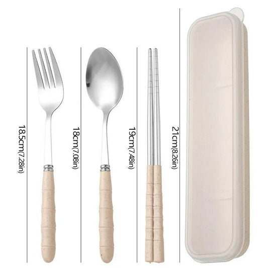 EMESA HOME-3pcs/set Stainless Steel Tableware Set - Chopsticks, Fork, Spoon, Travel Flatware with Box Nordic beige