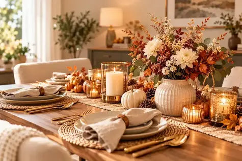 Autumn dining table decorated with fall flowers, pumpkins, candles, woven placemats, and elegant seasonal home decor.