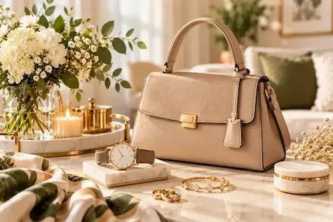 Elegant beige structured handbag with gold-tone hardware, displayed alongside a wristwatch, jewelry, and floral accessories.