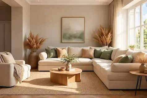 Sunlit Scandinavian living room with a cream sectional sofa, sage green cushions, wooden coffee table, and natural decor.