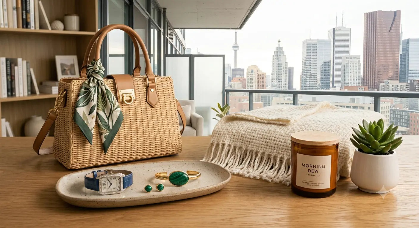 Wicker handbag on a table with a cityscape view in the background