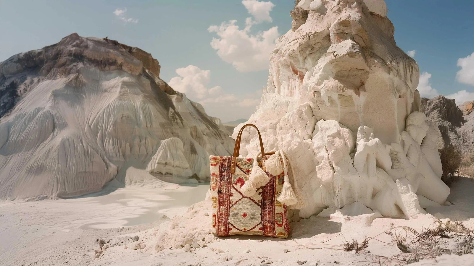 Stylish handbag placed in a natural snowy mountain landscape – Bags & Accessories collection EMESA HOME
