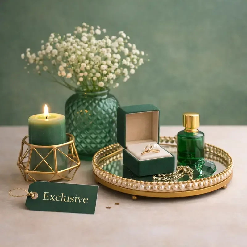 Green candle, vase with flowers, jewelry box, and bottle on a decorative tray with a green background.