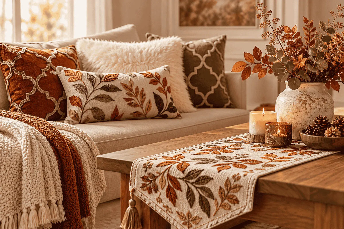 A cozy living room scene with a beige sofa styled with patterned throw pillows, a cream knit blanket, and a matching autumn leaf-patterned table runner on a wooden coffee table. A rustic ceramic vase with dried leaves and lit candles sit nearby.