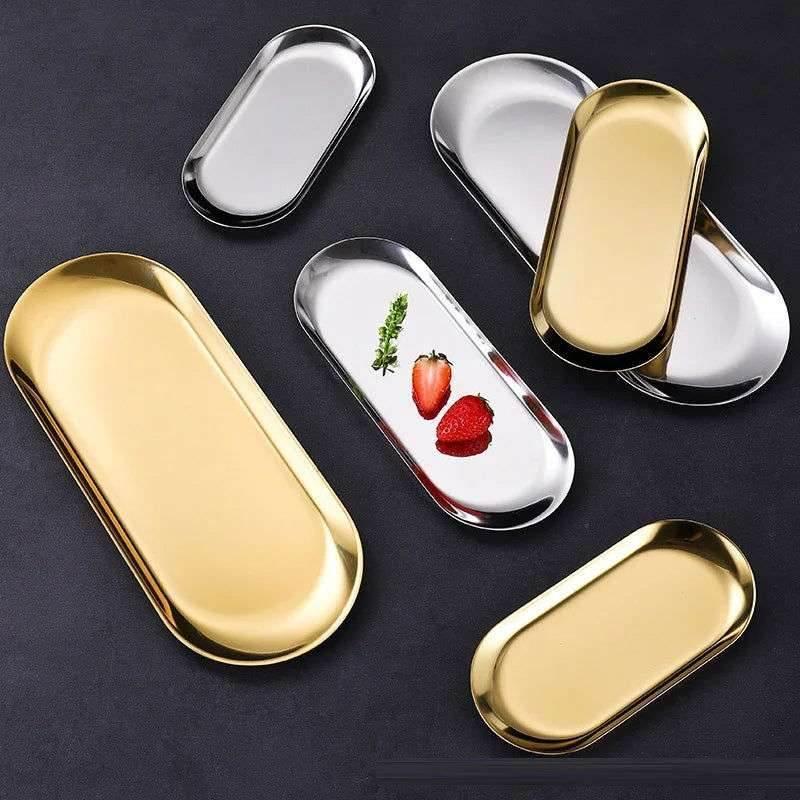 EMESA HOME Stainless Steel Jewelry Storage Tray – Oval Metal Cosmetic Organizer, Cake, Fruit, Dessert, Snack Plate, Kitchen Nut Tray - EMESA HOME™
